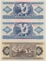 1980. 20Ft (2x) sorszámkövetők + 50Ft + 1984. 100Ft (2x), egyik nyomdai papírráncokkal, másik vágáshibás T:II