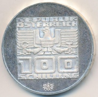 Ausztria 1976. 100Sch Ag 'Innsbruck - XII. Téli olimpia / Épületek és olimpiai logó' T:2 (PP)
Austria 1976. 100 Schilling Ag 'Winter Olympics Innsbruck / Buildings and Olympic logo' C:XF (PP)