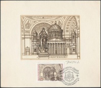 1992 Mindszenty József hp. érsek bíboros születésének 100. évfordulója bélyegterv a tervező Vertel József aláírásával, a bélyeggel és alkalmi bélyegzéssel