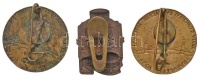 Madarassy Walter (1909-1994) 1938. 'XXXIV. Nemzetközi Eucharisztikus Kongresszus Budapest' 2db Br jelvény, 'LUDVIG BP. TÖRV. VÉD.' gyártói jelzéssel (22,5mm) + 'O.P.N.' Br gomblyukjelvény (22,5x11mm) T:2 egyiken a tű elhajlott