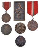 6db vegyes plakett, emlékérem, díjérem, közte DN 'Budapest Grand Prix' Br plakett (76x45mm), 'Volán érem - Balesetmentes Közlekedésért  250 ezer km' Br emlékérem (42,5mm) T:2