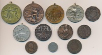 12db-os vegyes magyar és külföldi érem, emlékérem, érme tétel, közte Ripszám Henrik (1889-1976) DN 'Munkás Testedző Egyesület' Br emlékérem (39mm), DN 'Magyar Testgyakorlók Köre Versenydíj' Br díjérem (29x30mm), 1861B 4kr Cu