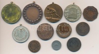 12db-os vegyes magyar és külföldi érem, emlékérem, érme tétel, közte Ripszám Henrik (1889-1976) DN 'Munkás Testedző Egyesület' Br emlékérem (39mm), DN 'Magyar Testgyakorlók Köre Versenydíj' Br díjérem (29x30mm), 1861B 4kr Cu
