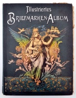 Dekoratív előnyomott szecessziós bélyegalbum az 1900-as évek végéről gyengébb állapotú belső résszel, sok bélyeggel és díjjegyes kivágással az egész világból