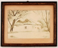 Pintér jelzéssel: Parasztház. Tus, papír, üvegezett keretben, 15×23 cm