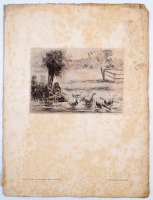 Camille Pissarro (1830-1903): Lány libákkal. Fénynyomat, papír, foltos, kiadó 'J. Löwí in Wien', 14x19 cm