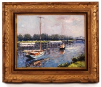 Sólyom jelzéssel: Vitorlások a Siócsatornán, olaj, vászon, keretben, 39x50cm