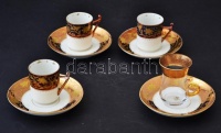 Virágmintás aranyozott porcelán csészék(3 db), 1 db üveg csésze, 4 db porcelán csészealj, kopásnyomokkal, egy jelzett