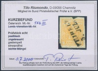 1850 1kr narancs / orange HP III. teljes / szép szélekkel, szép szín / with nice margins 'V.UJHELY' Certificate: Rismondo