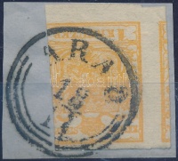 1850 1kr sötétnarancs / dark orange HP I. jobb oldalon bevágva egyébként nagy szélekkel / cut on the right side, Quadriliertes paper 'ARAD'