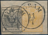 1850 2kr fekete / black + 1kr okkersárga / yellow I. kivágáson liliputi vágással / with liliput cut on cutting 'AGRAM'