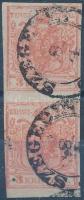 1850 3kr függőleges pár / vertical pair HP III. teljes / jó szélekkel, túlfestékezett nyomat / with nice margins 'SZEGEDIN'