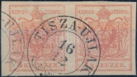 1850 3kr pár / pair MP III. jó / óriási szélekkel / with nice margins 'TISZA-UJLAK' (felül kis papírelvékonyodás / thin paper)