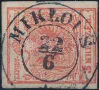1850 3kr MP III. teljes / szép szélekkel, élénk szín, lemezhibával / with plate variety 'MIKLOUS' (felül beszakadás / teared above)