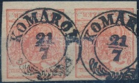 1850 3kr pár / pair HP III. teljes / óriási szélekkel, Quadrilliertes paper / with nice margins 'KOMÁROM'