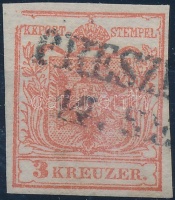 1850 3kr HP I. teljes / jó szélekkel, lemezhibával / with plate variety 'PRESZ(BURG)'