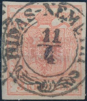 1850 3kr MP III. jó szélekkel 'HIDAS-NÉMETHI' (kis papírelvékonyodás / thin paper)