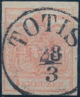 1850 3kr HP III. teljes / szép szélekkel, kis vízjellel, lemezhibával / with small watermark part, plate variety 'TOTIS'