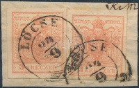 1850 2 x 3kr MP III. szép szélekkel / with nice margins 'LÖCSE' (enyhe hajtásnyom / folded)