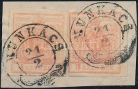 1850 2 x 3kr MP III. teljes / óriási szélekkel / with nice margins 'MUNKÁCS'