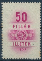 1957 Illetékbélyeg 50f Kossuth címerrel, ritka! (350.000)