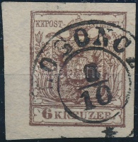 1850 6kr sötétbarna / darkbrown HP III. szép / óriási szélekkel, ívszéllel, óriási vízjellel / with nice margins, large watermark 'LOSONCZ'