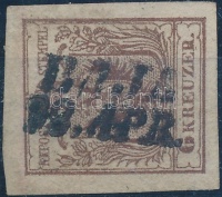 1850 6kr HP III. szép / óriási szélekkel, lemezhibával / with nice / large margins, with plate variety 'BAJA' Signed: Ferchenbauer