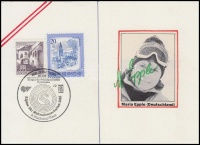 1982 Az osztrák alpesi síbajnokság négy versenyzője által aláírt első napi lebélyegzett levelezőlap / 1982 Austria, Alpine Ski championship signatures on FDC of 4 skier: Iréne Epple, Maria Epple, Pierra Machi, Daniela Zini.