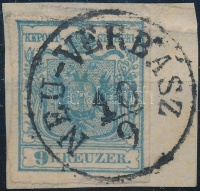 1850 9kr középkék HP I. teljes / szép szélekkel ('TIEFE 9') 'NEU-VERBÁSZ' (hajtásnyom / folded)