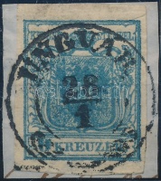 1850 9kr HP II. sötét színárnylat jó / óriási  szélekkel, kiemelt középrész, jobb ívszéli nyomat / dark colour shades, with nice margins 'UNGVÁR'