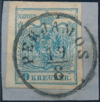 1850 9kr MP III. jó / óriási szélekkel, lemezhibák a keretvonalon / with plate flaws 'PERJÁMOS'