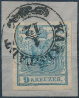 1850 9kr középkék HP I. szép / óriási szélekkel ('TIEFE 9') 'KARLSTADT'
