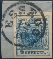 1850 9kr MP III. jó / szép szélekkel, kisebb lemezhibák / small plate varieties 'ESSEGG'