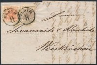 1853 3kr HP + 6kr HP levélen 'PESTH' 'BAN.WEISSKIRCHEN'