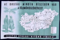 1953 Magyarország autóbuszhálózatának térképe. Hátoldalán a Földművesszövetkezet hálózati térképe nagyméretű reklámja 42.2 x 66.5 cm