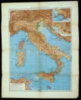 1912 Olaszország térképe. Mérték:1:2,750.000. Melléktérképek: Napoli, Roma, 1:1,000.000. Tervezte: Dr.. H. Fischer és C. Erdmann. Átdolgozta: Jungmayer Mihály. Bonne-féle vetület. Hajtogatva. 29x46cm