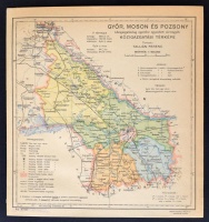 1942 Győr, Moson és Pozsony közigazgatásilag egyelőre egyesített vármegyék közigazgatási térképe, tervezte: Tallián Ferenc, kiadja a Magyar Földrajzi Intézet Rt., 26x24 cm