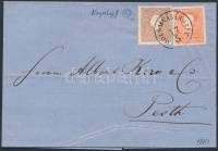 1860 10kr II. szögfejbenyomattal + 5kr II. festékfoltokkal levélen / on cover 'HOLD.M.VÁSÁRHELY' - 'PESTH / Früh'