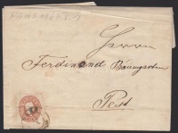 1863 10kr levélen (regiszterhajtás) 'PAKS' - 'PESTH'