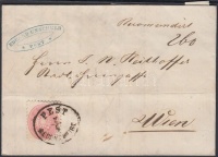 1864 5kr + a hátoldalon 2x5kr maradványai ajánlott levélen 'PEST RECOMANDIRT'