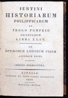 Iustini Historiarum Philippicarum ex Trogo Pompeio Excerptarum Libri XLIV. Ad Optimorum Librorum Fidem Accurate Editi. Editio Stereotpya. Lipsiae, 1829. Caroli Tauchnitii. Korabeli aranyozottt félbőrkötésben, jó állapotban.