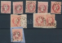1867 9 x 5kr, benne 4 érték kivágáson, olvasható bélyegzésekkel (Gudlin 590 pont)