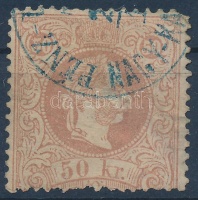 1867 50kr kék 'PÉNZ (UTALVANY) NAGY-KA(NIZSA)' bélyegzés (150.000) (elfogazás, foghibák, kis elvékonyodás / misperforated, missing perfs, thin paper)