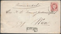 1867 5kr díjjegyes boríték hátoldalán 10kr, ajánlott levélként / 10kr on 5kr PS-cover 'PEST' - 'WIEN RECOMAND'