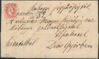 1868 3 x 5kr ajánlott levélen, a hátoldali 2 bélyeg bontásnál eltépve / 3 x 5kr on registered cover, 2 stamps on the backside teared 'SZENDRŐ' - 'MISKOLCZ' - Diósgyőr