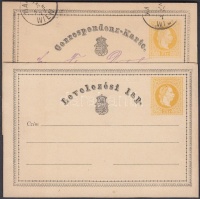 1869 Használatlan magyar nyelvű díjjegyes levelezési lap + német nyelvű magyar címeres használt lap