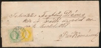 1869 2kr + 3kr (utóbbi sarka a felragasztásnál alágyűrődött) levélen, kékes 'GÖNYŐ' - Révkomárom