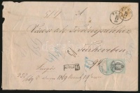 1869 Ajánlott levél 15kr 'PEST' - Túrkeve a borítékon 15kr okmánybélyeg