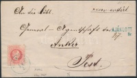 1870 3 x 5kr ajánlott levélen, a hátoldali 2 bélyeg bontásnál eltépve / 3 x 5kr on registered cover, 2 stamps on the backside teared kék/blue 'MOHOL' - 'PEST'