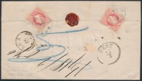 1870 3 x 5kr ajánlott levélen, a hátoldali 2 bélyeg bontásnál eltépve / 3 x 5kr on registered cover, 2 stamps on the backside teared kék/blue 'MOHOL' - 'PEST'